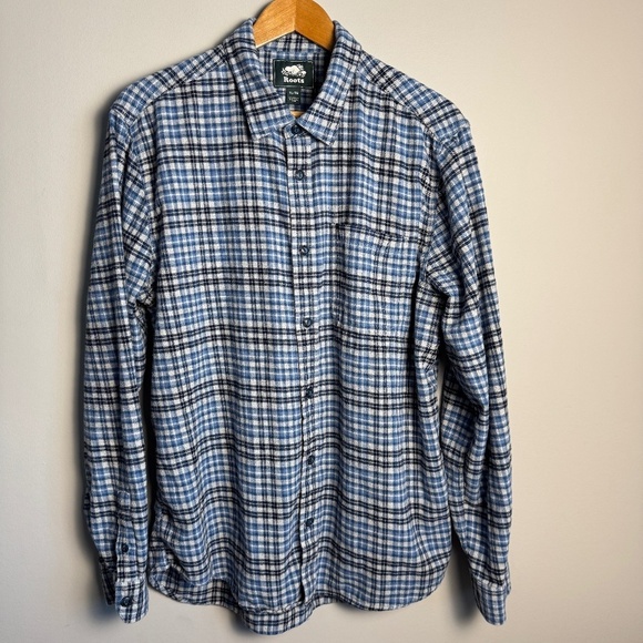 Roots Men's Flannel Long Sleeve Plaid‎ Button Up Shirt Blue Size X-Large Western - Picture 1 of 15